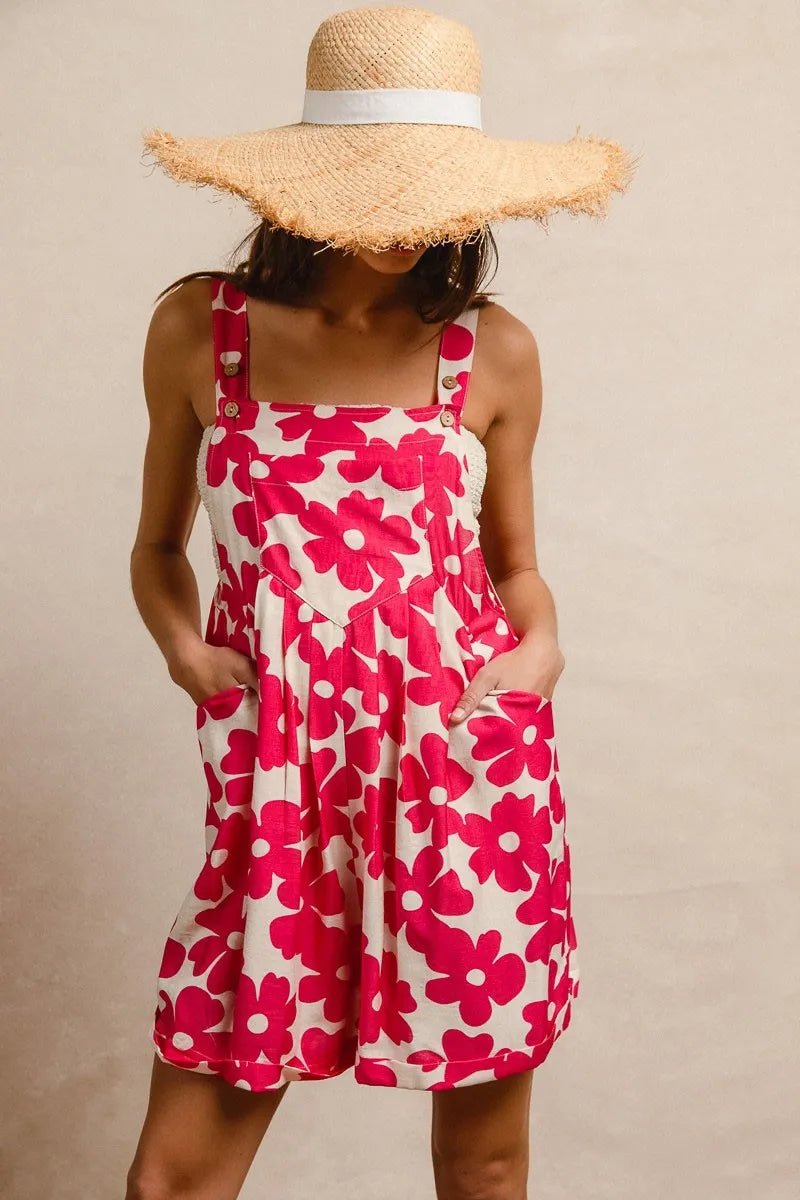 BiBi Floral Prints Tuck Detail Short Overall With Pockets - FUCHSIA / S