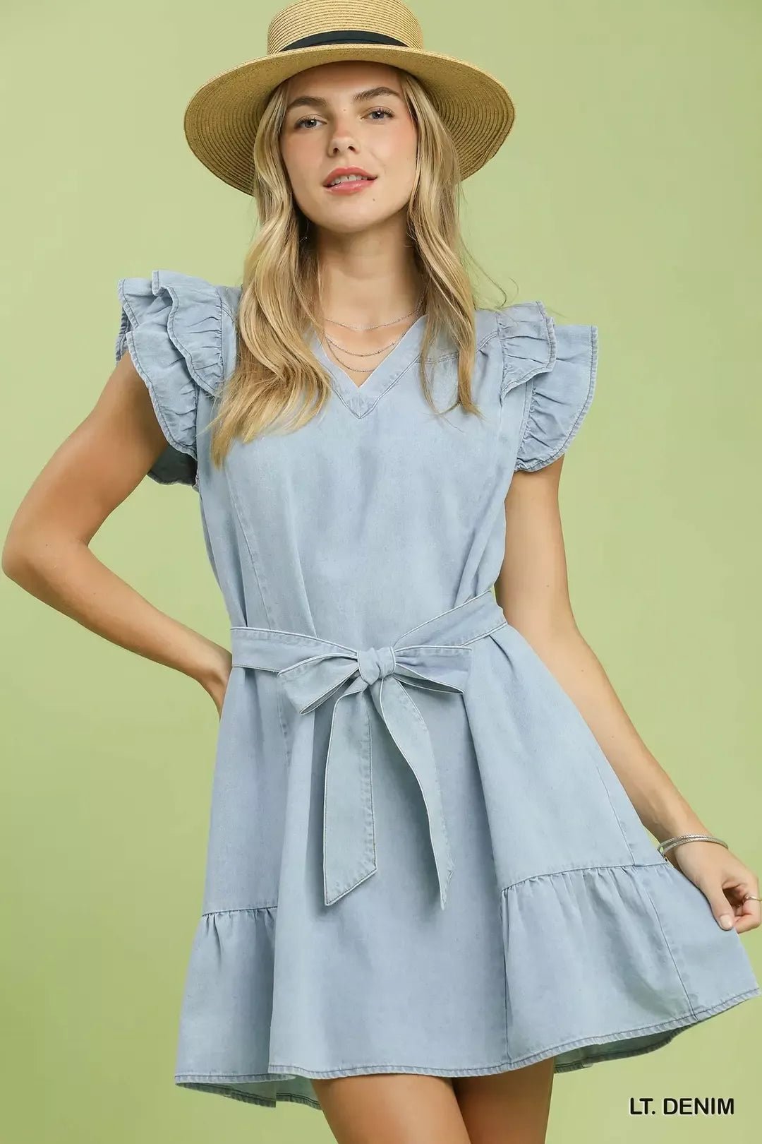 Umgee Chambray Ruffled Denim Dress with Side Pockets - LT. DENIM / S