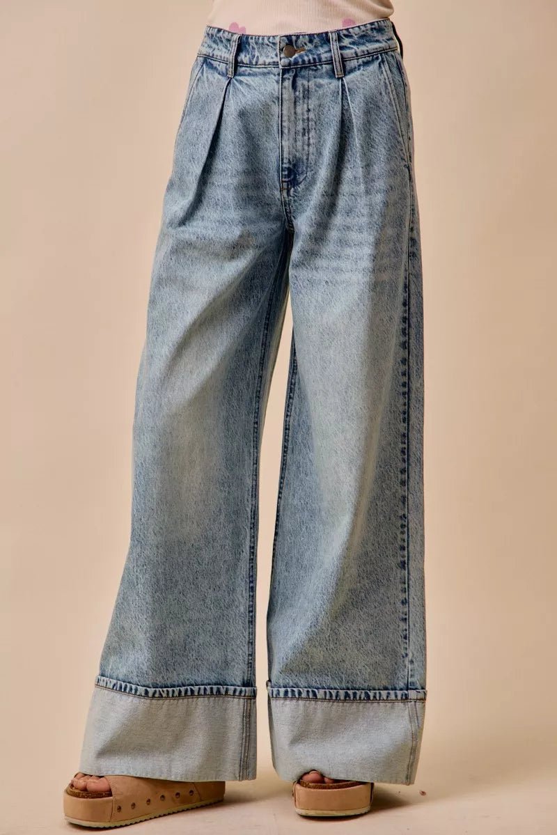 SO ME Mid Rise Plated Wid Leg Denim Jean - DENIM / S