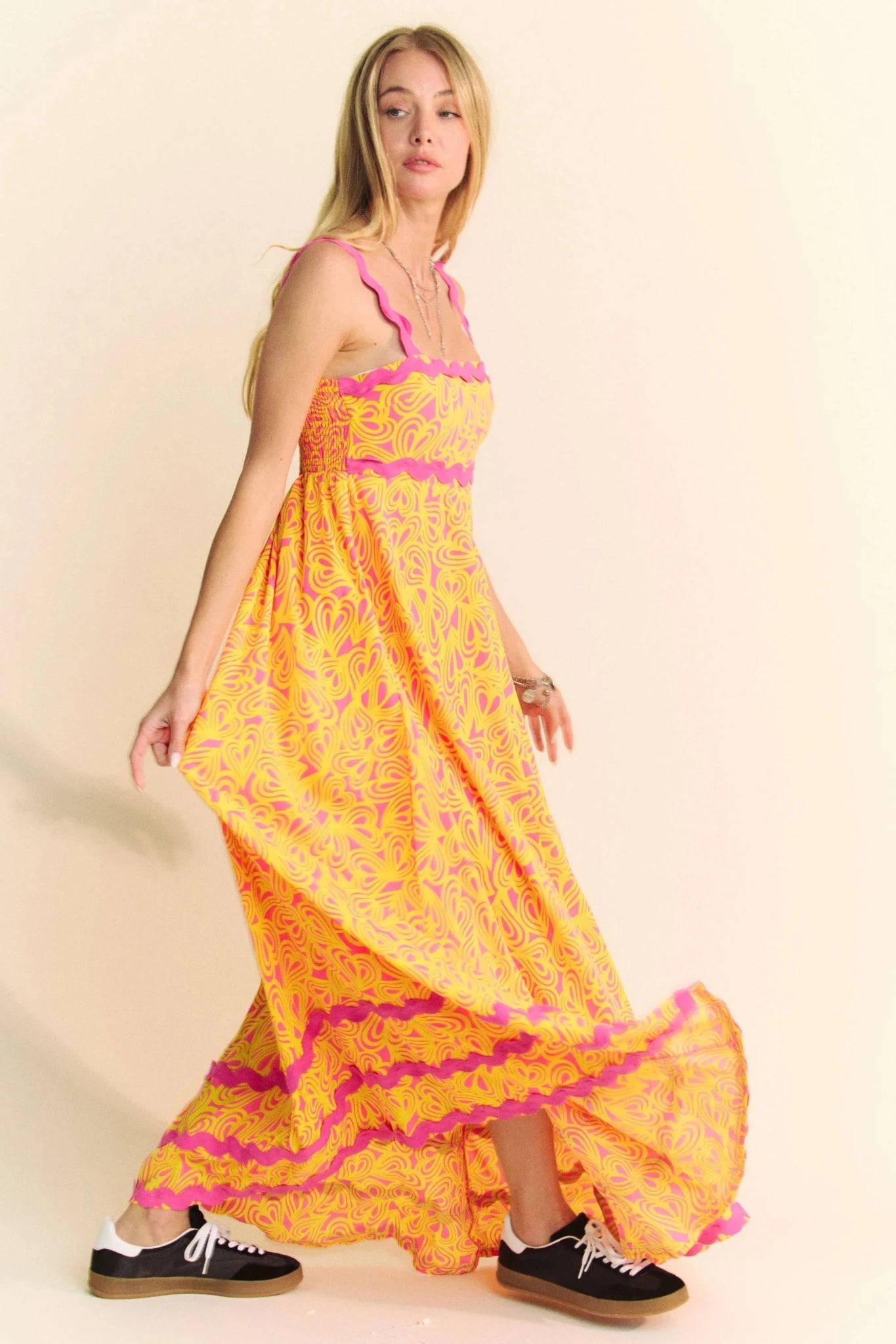 Davi & Dani Geo 2 Tone Printed Wavi Trim Tiered Maxi Dress - PINK / S