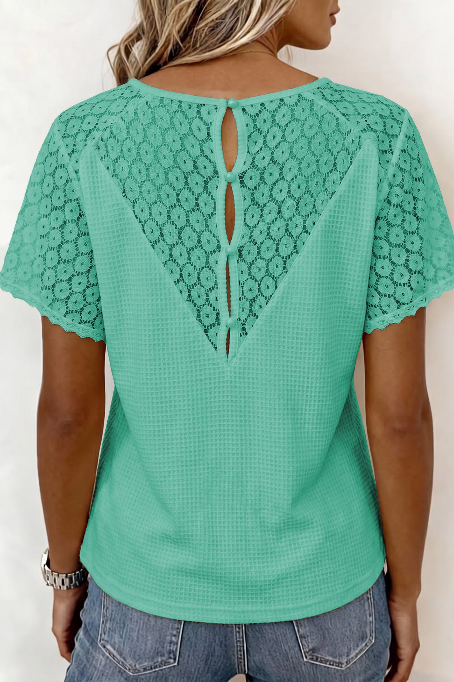 Pink Lace Splicing Button Cutout V Neck Waffle Knit Blouse
