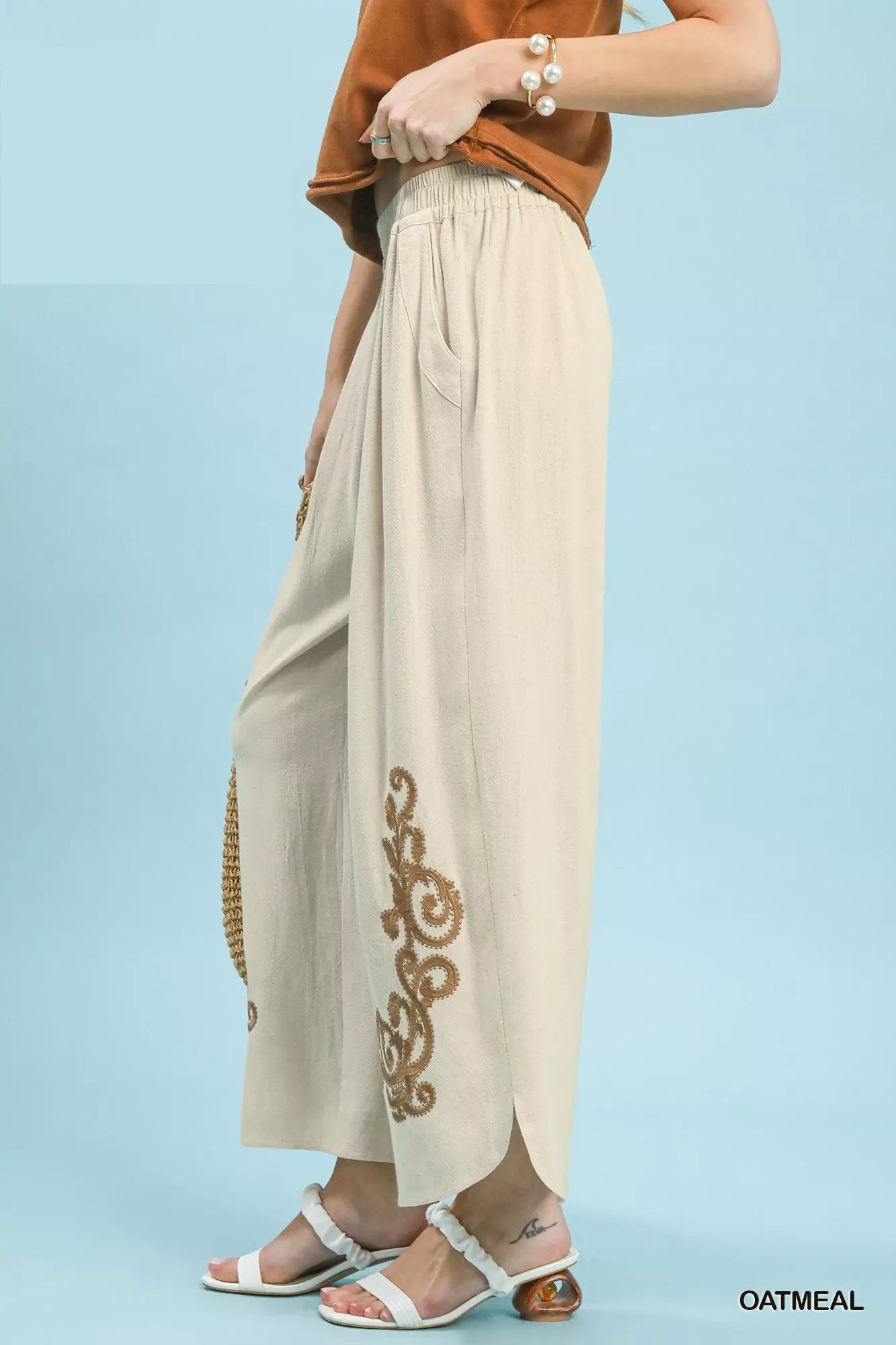 Umgee Linen Embroidered Wide-Leg Boho Pants - OATMEAL / S