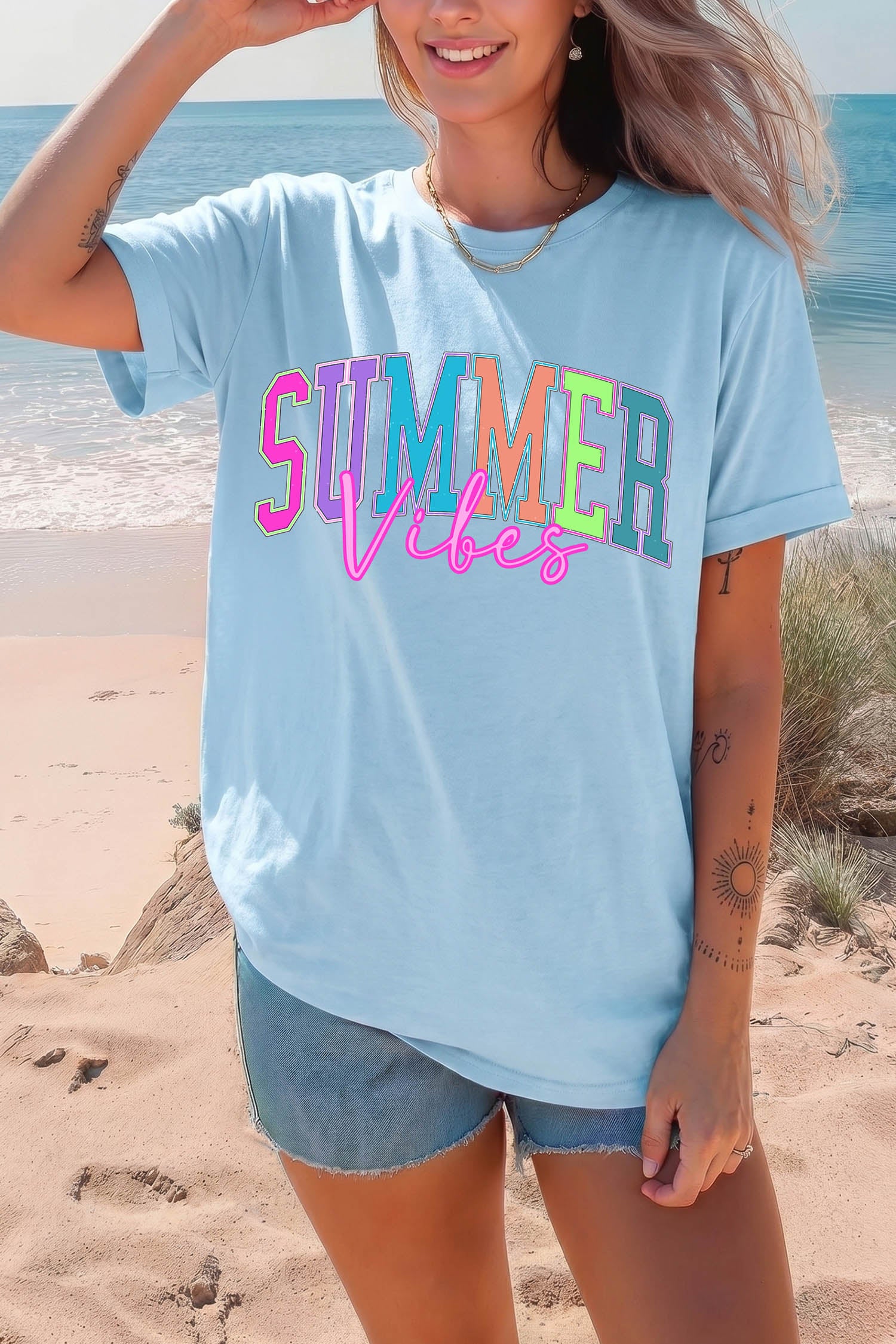 Light Blue SUMMER Vibes Letter Print Round Neck Casual T-Shirt