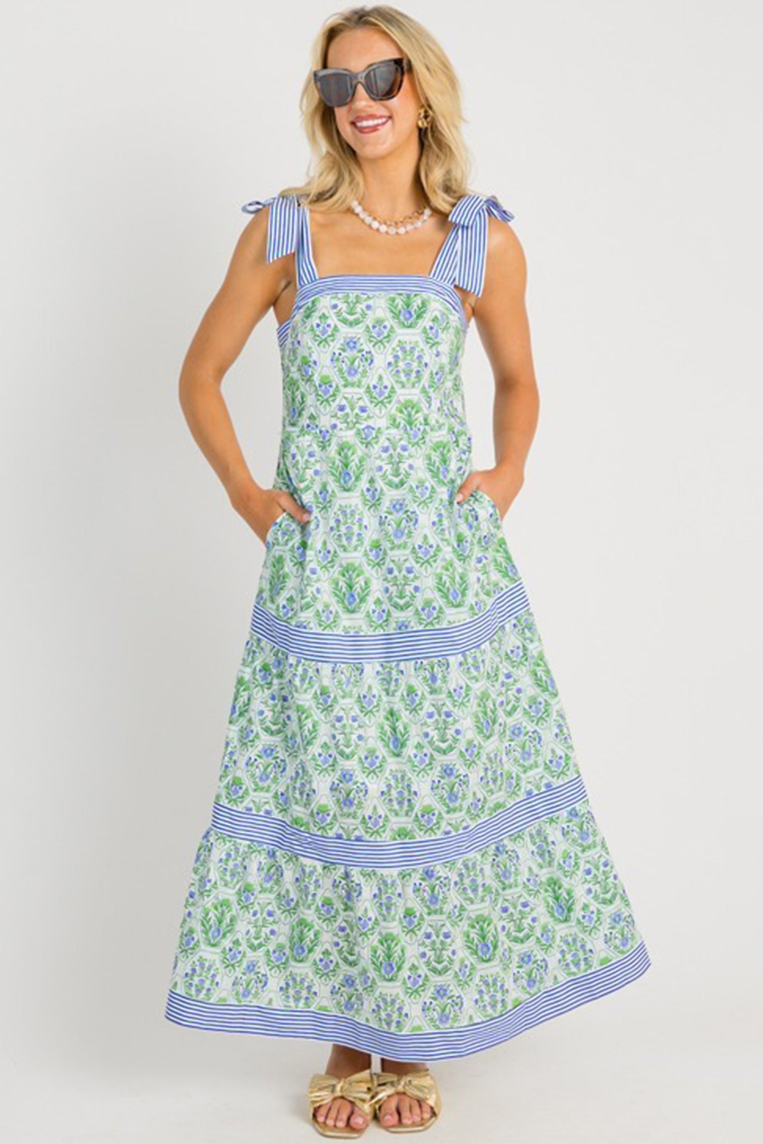 Green Geometric Floral Print Striped Patchwork Detail Sleeveless Dress