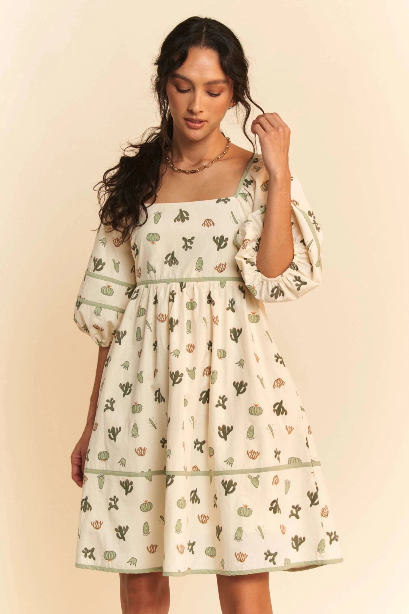 Davi & Dani Cactus Printed Poplin Contrast Piping Mini Dress - CREAM/GREEN / S