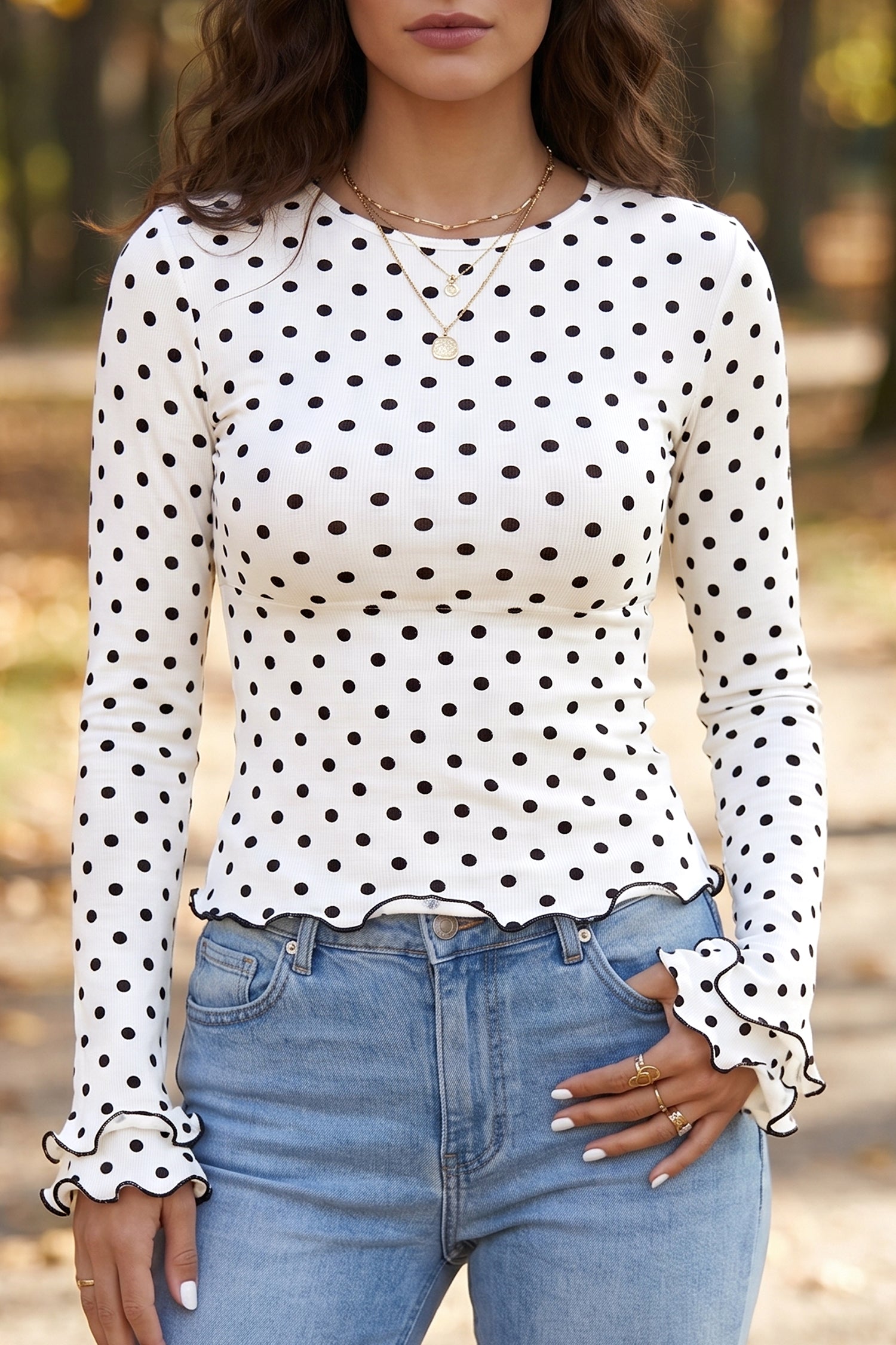 Black Polka Dot/ Leopard/ Flower Print Lettuce Trim Long Sleeve Top