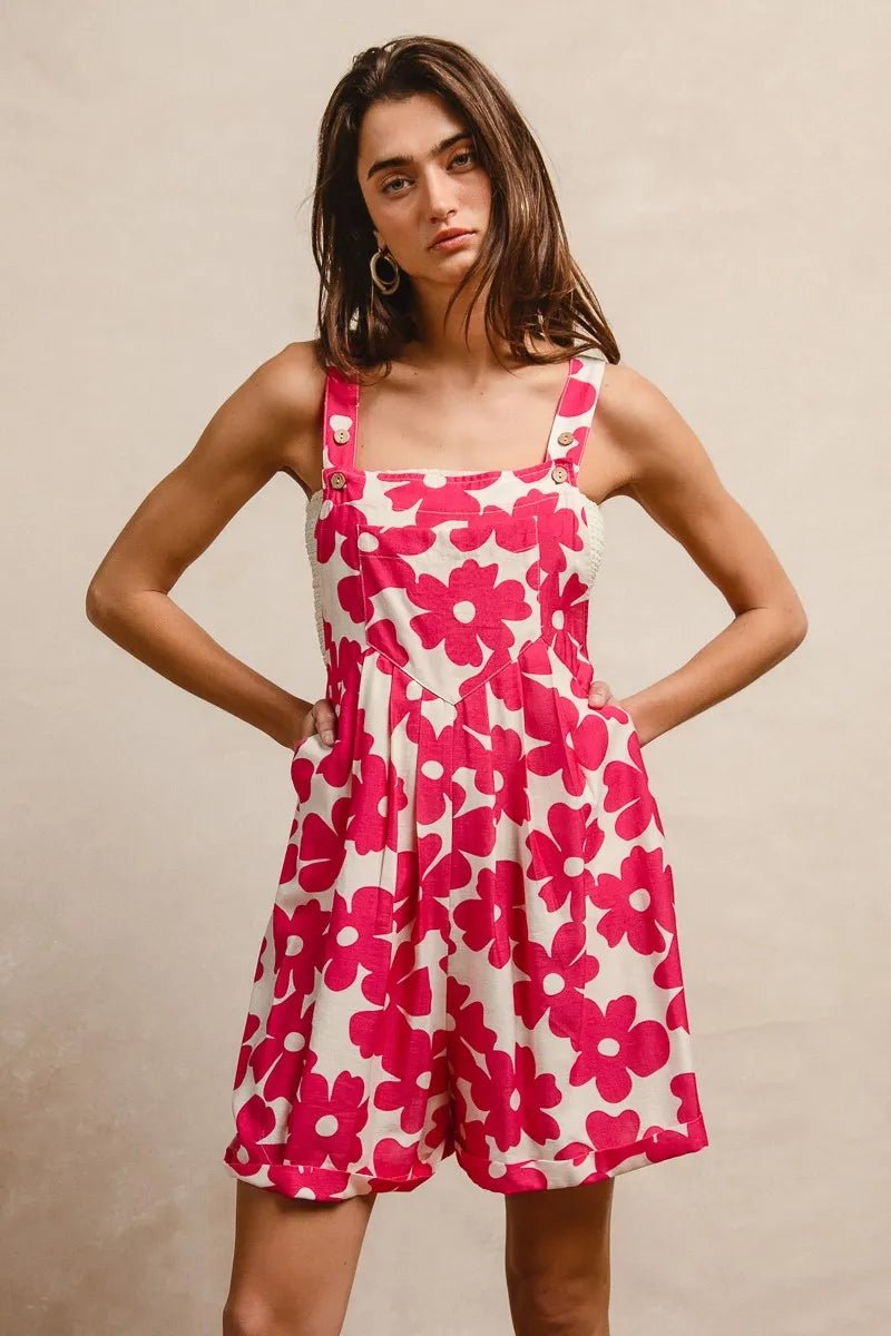 BiBi Floral Prints Tuck Detail Short Overall With Pockets - FUCHSIA / S