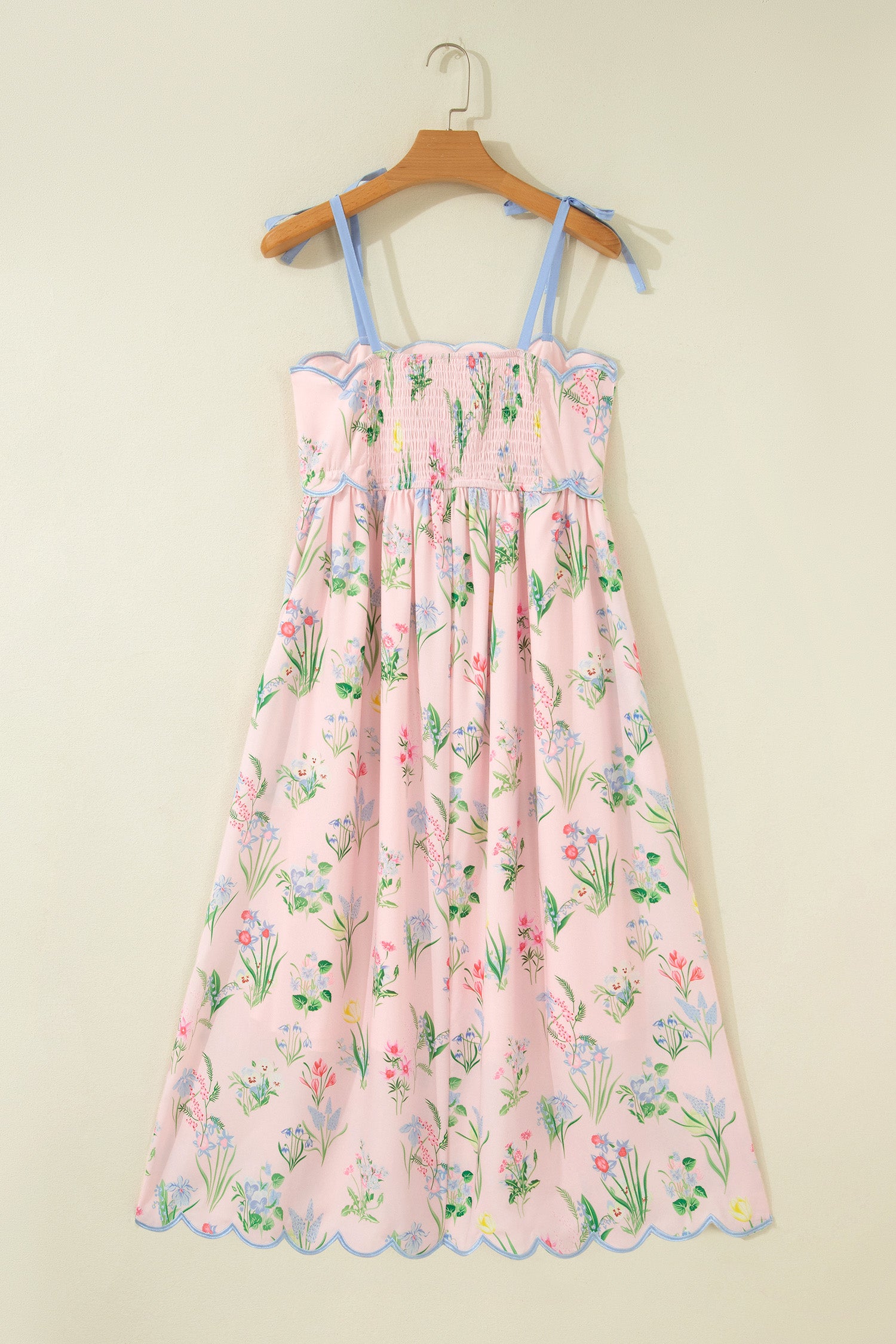 Yellow Floral Print Contrast Trim Self-tie Straps High Waist Midi Dress