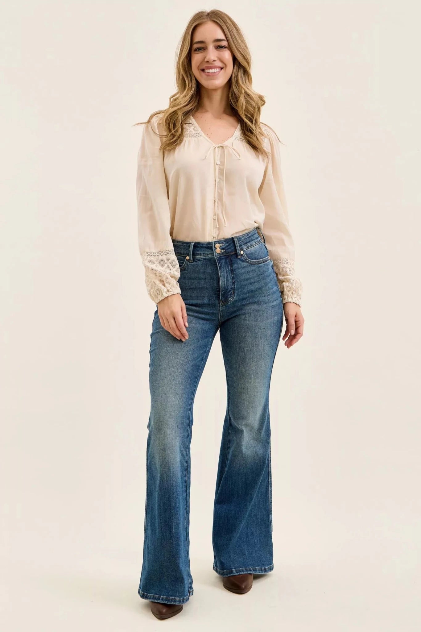 Judy Blue High Waist Double Button Tummy Control Flare Jeans - DK / 0(24)