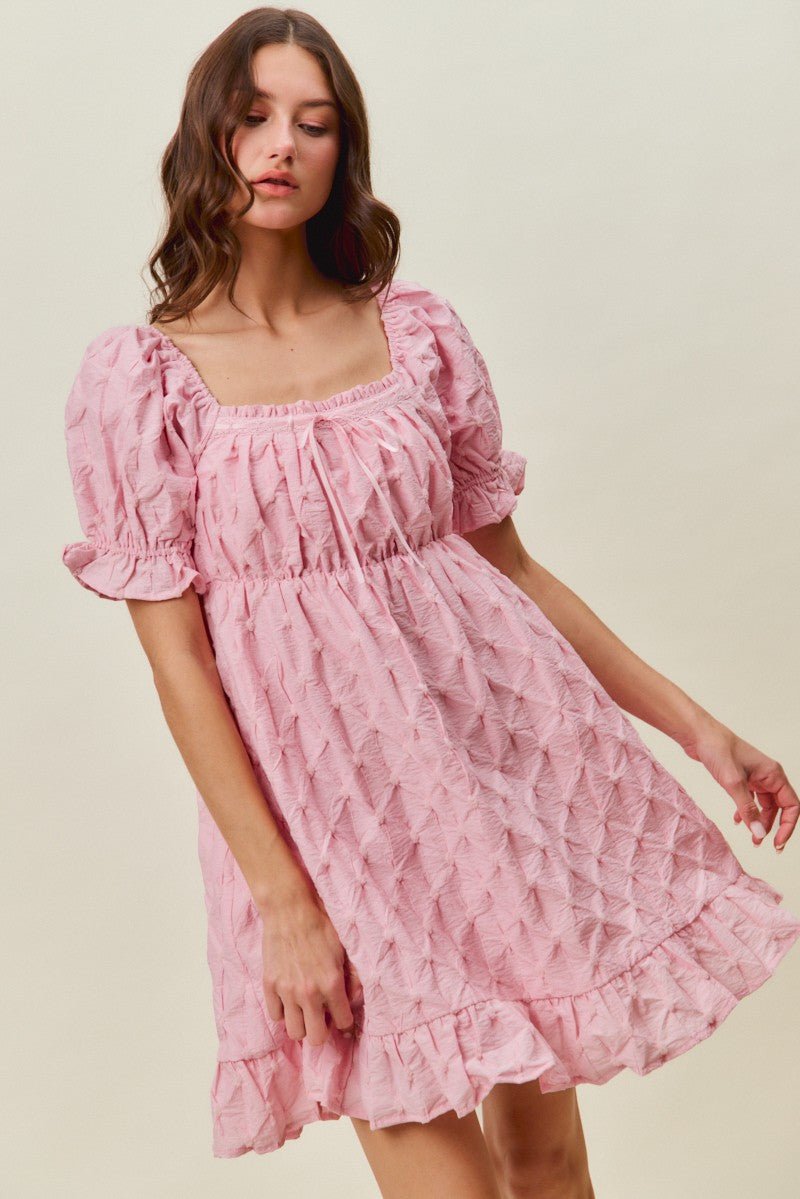 SO ME Texture Woven Ruching On Bust Mini Dress - PINK / S