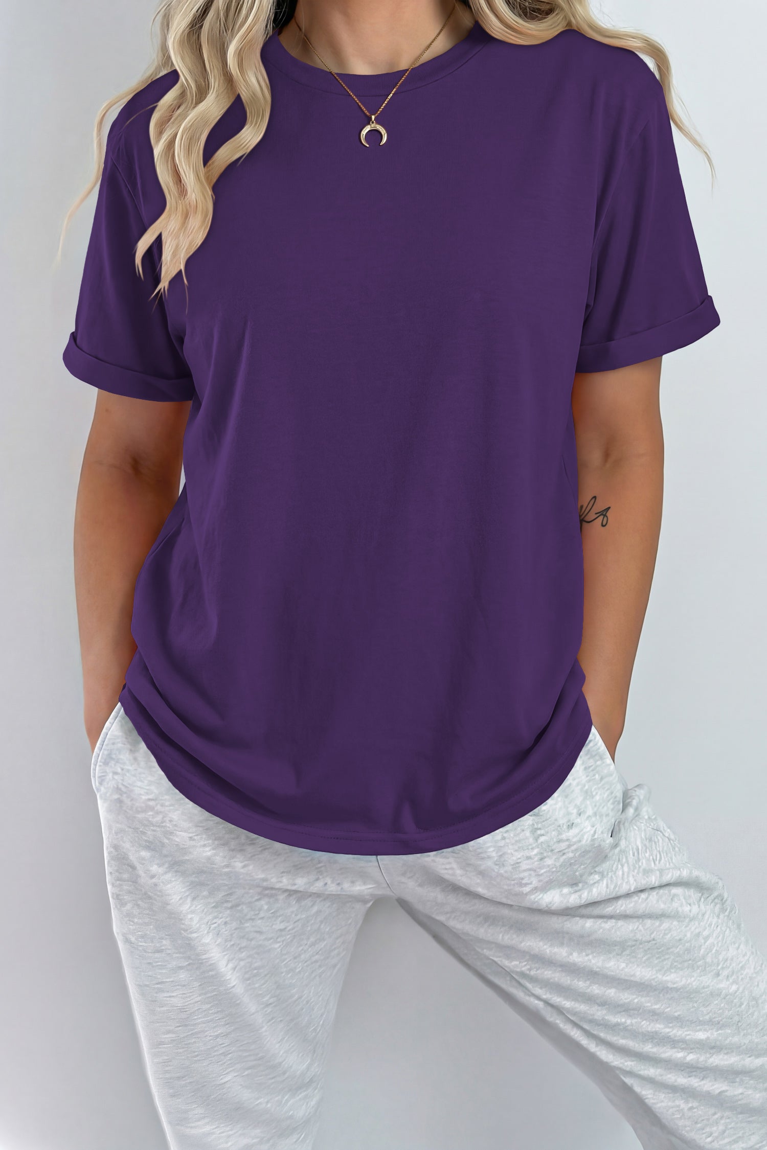 Sachet Pink Solid Color Basic Crew Neck Plain Tee
