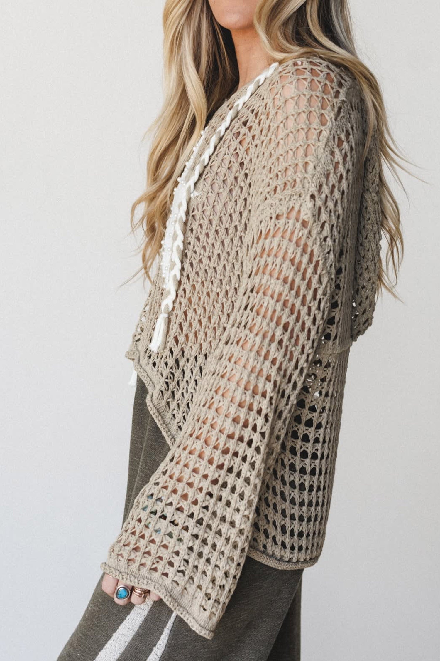Sage Green Star Pattern Hollow Out Knit Contrast Drawstring Hooded Sweater