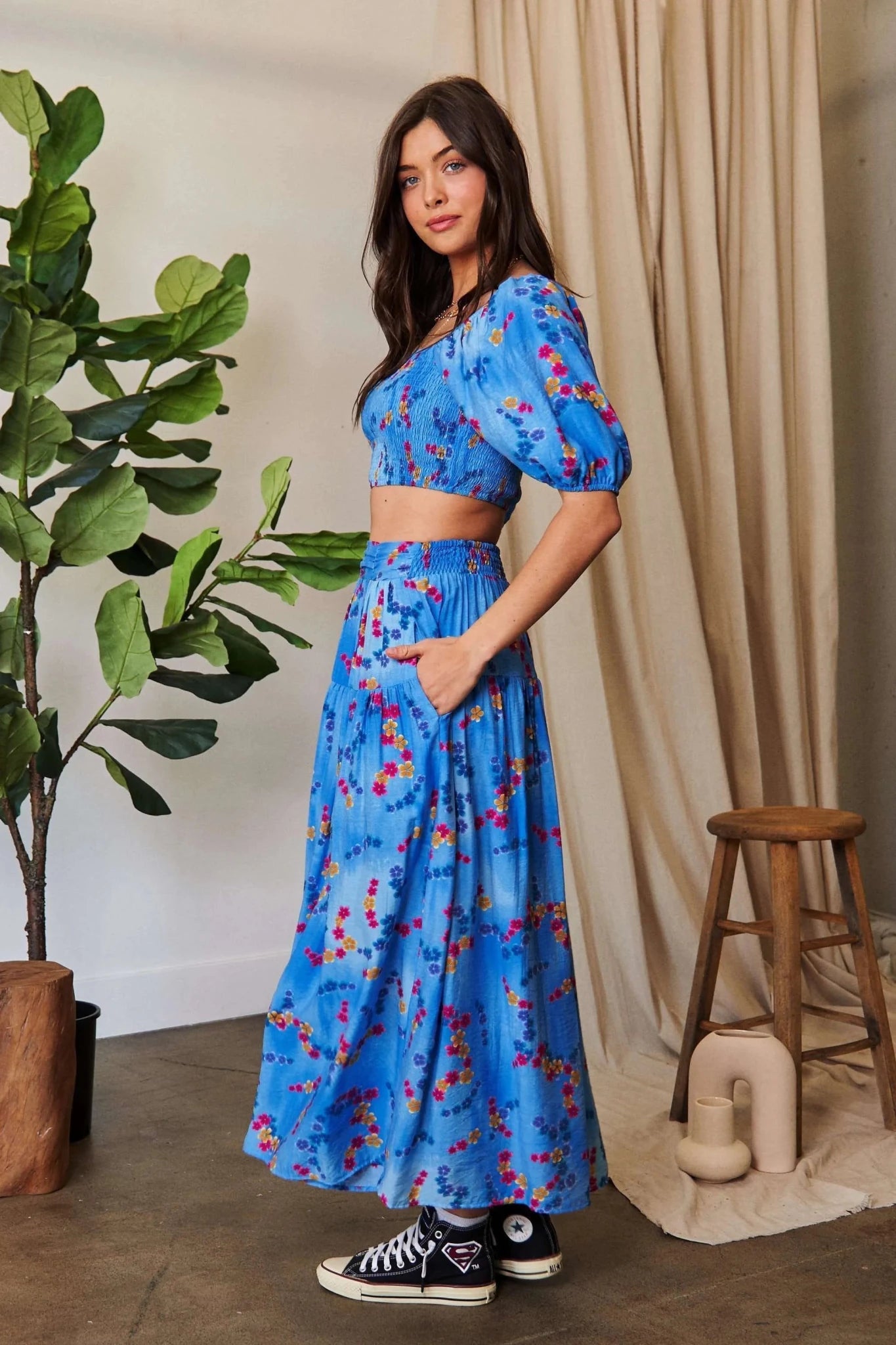 Davi & Dani Printed Smocking Waistband Ruffled Maxi Skirt - OCEAN BLUE / S