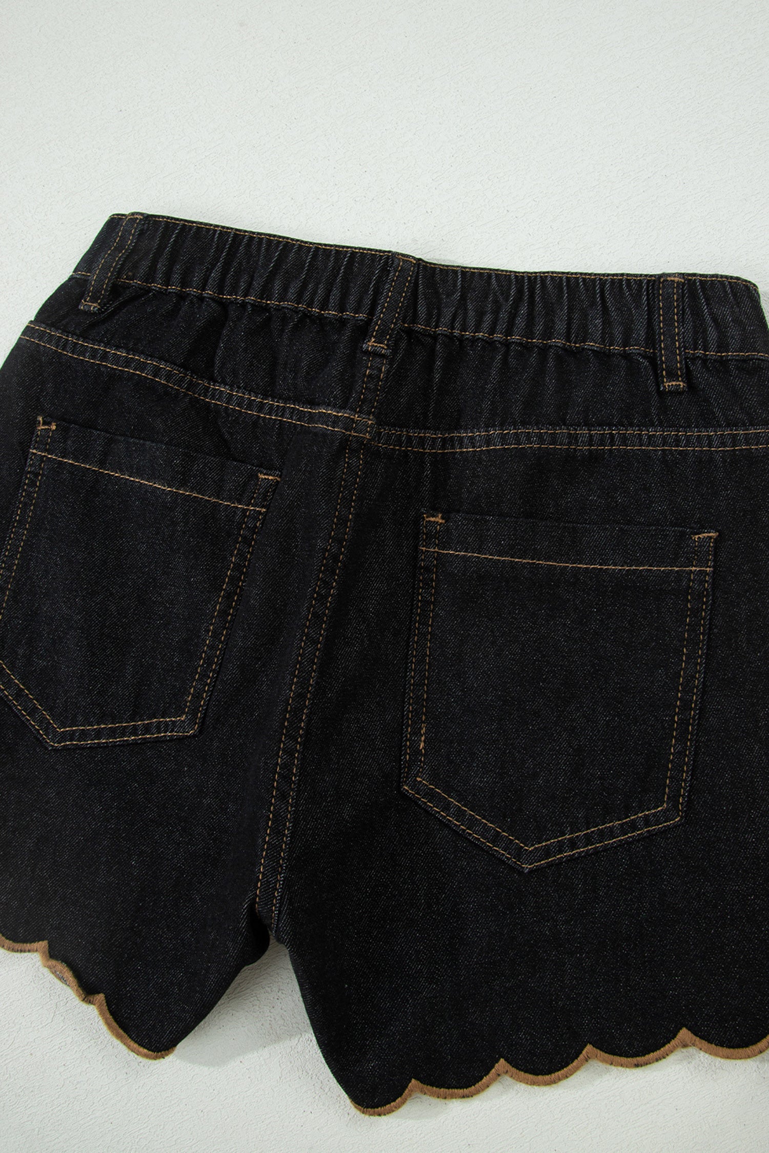 Black Embroidered Scalloped Trim Relaxed Denim Shorts