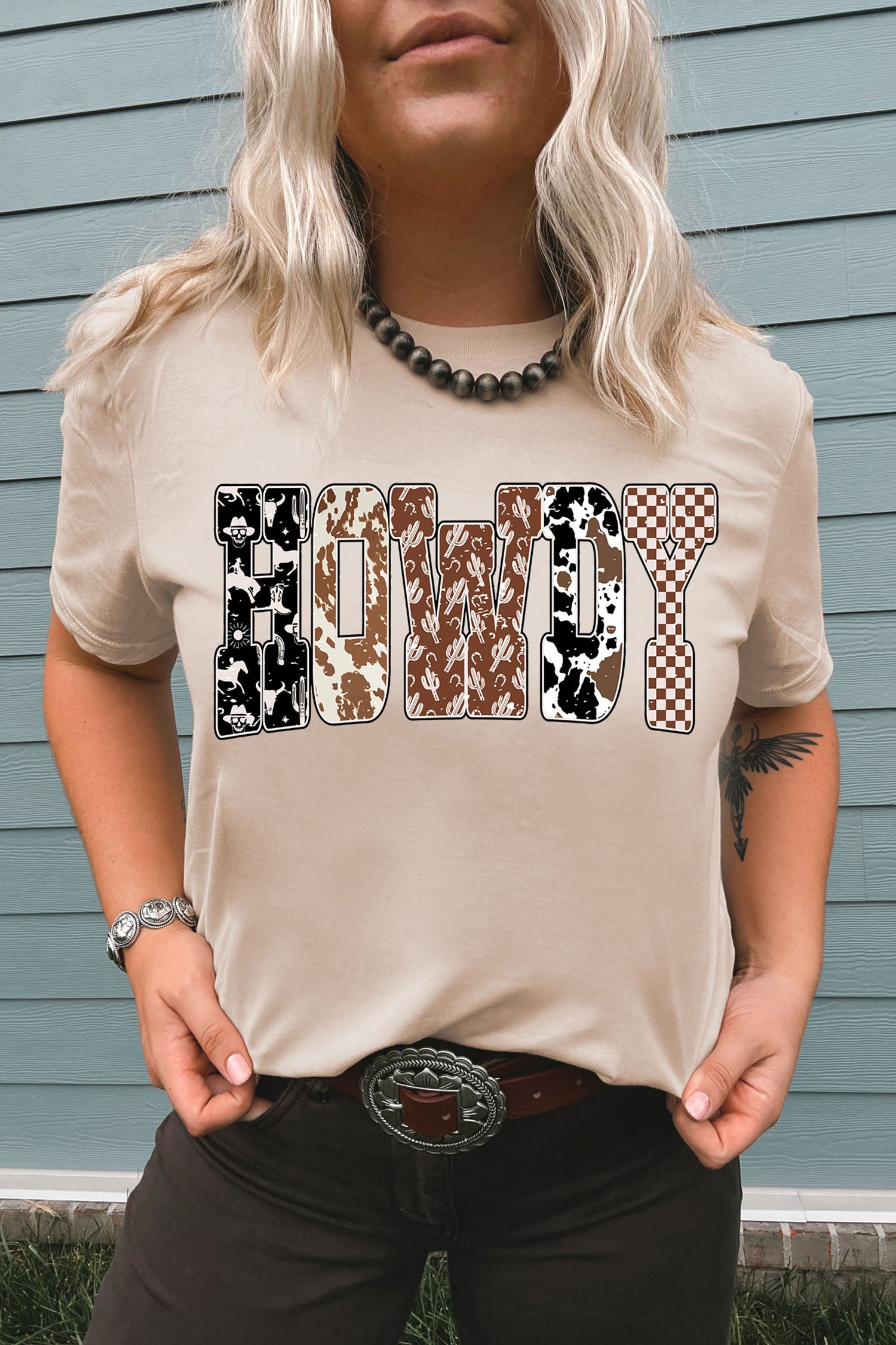 Khaki Western HOWDY Slogan Casual Graphic T-Shirt