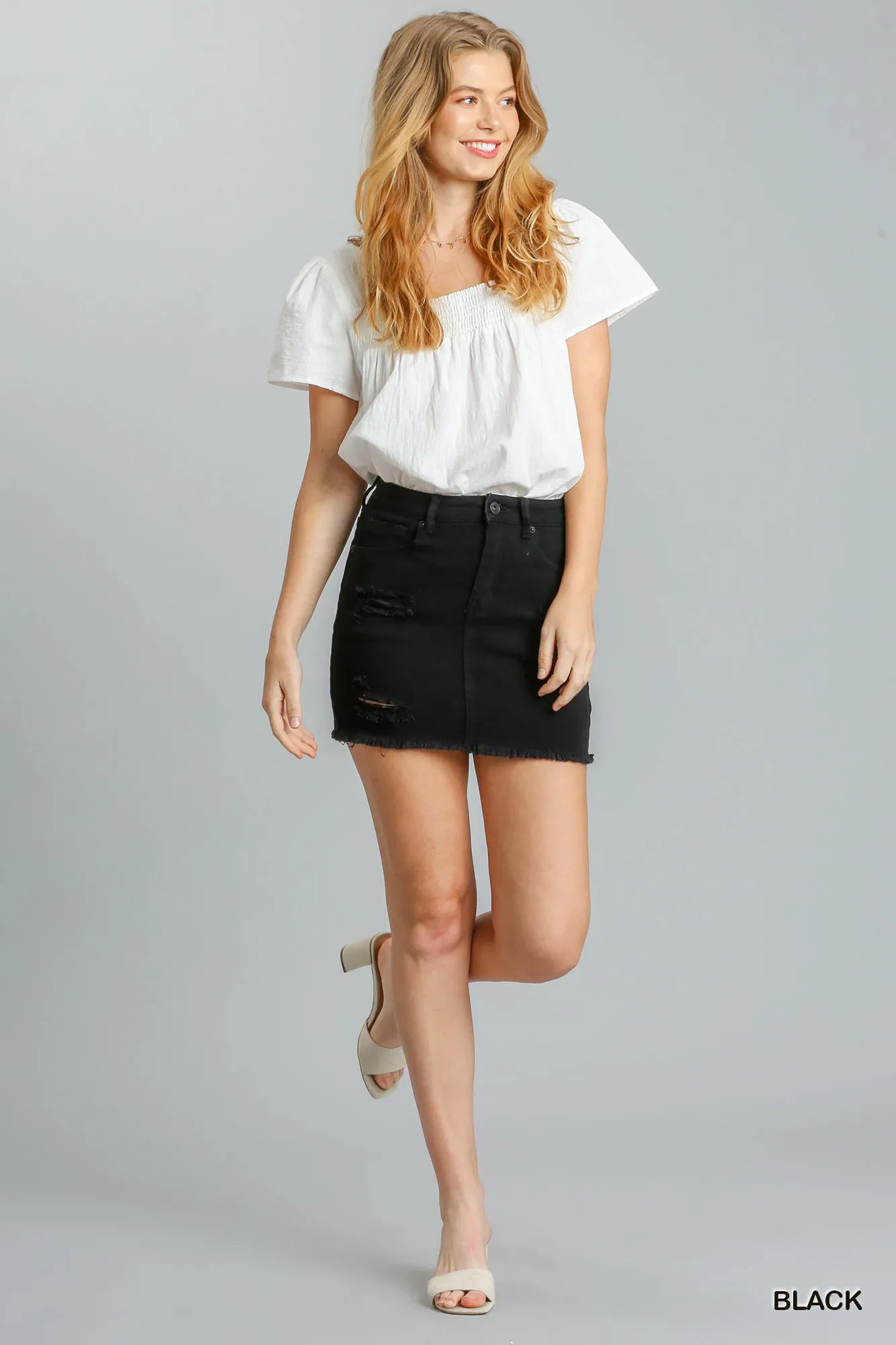 Umgee Distressed Raw Hem High Waist Denim Skirt - Black / S