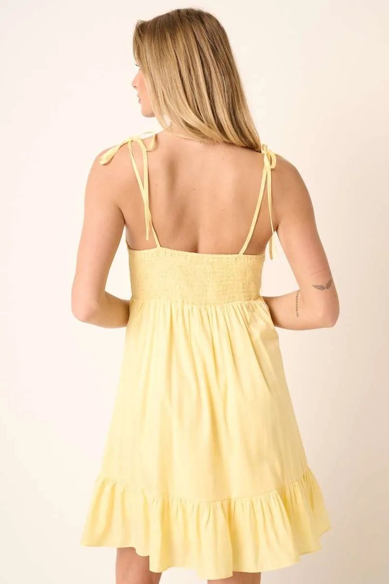 Mittoshop Ruched Detail Spaghetti Tie Mini Dress - YELLOW / S