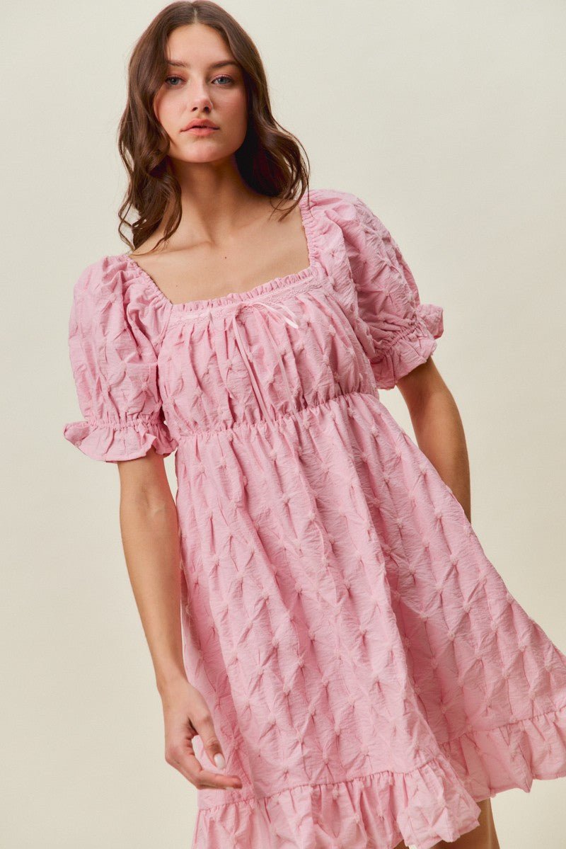 SO ME Texture Woven Ruching On Bust Mini Dress - PINK / S
