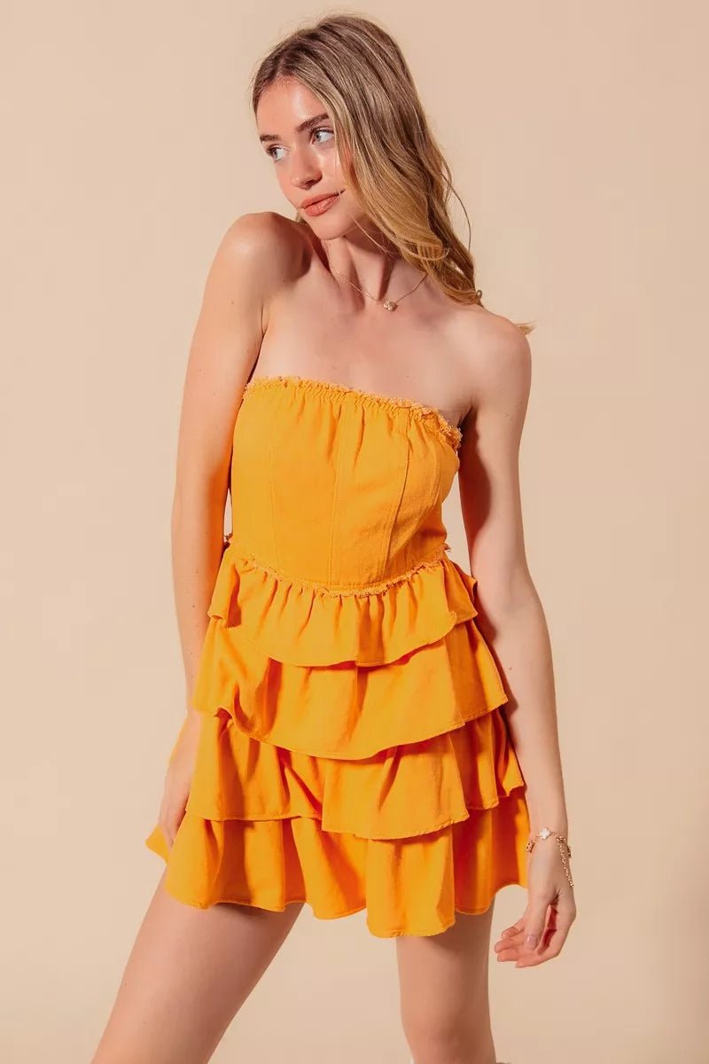 SO ME Strapless Ruffle Layered Game Day Cheer Up Dress - GOLD / S