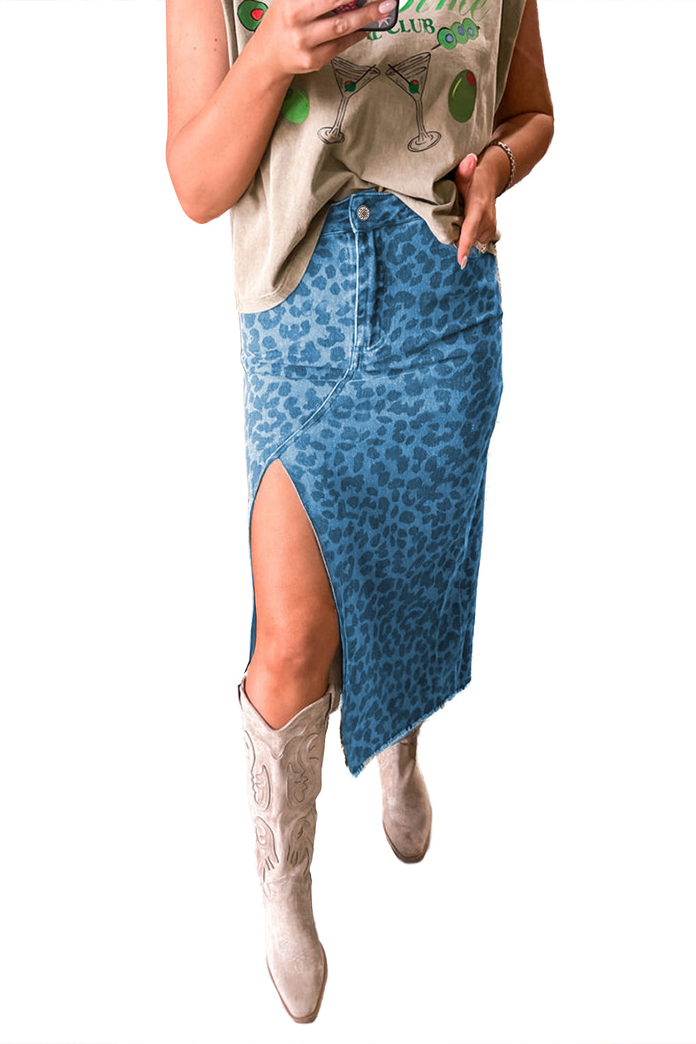Sky Blue Leopard Print Frayed Edge Denim Skirt Long Casual Daily Wear