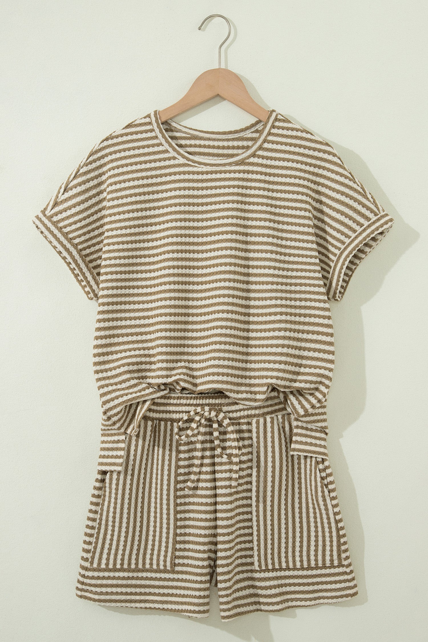 Pink Stripe Breathable Textured Knit Short 2pcs Set
