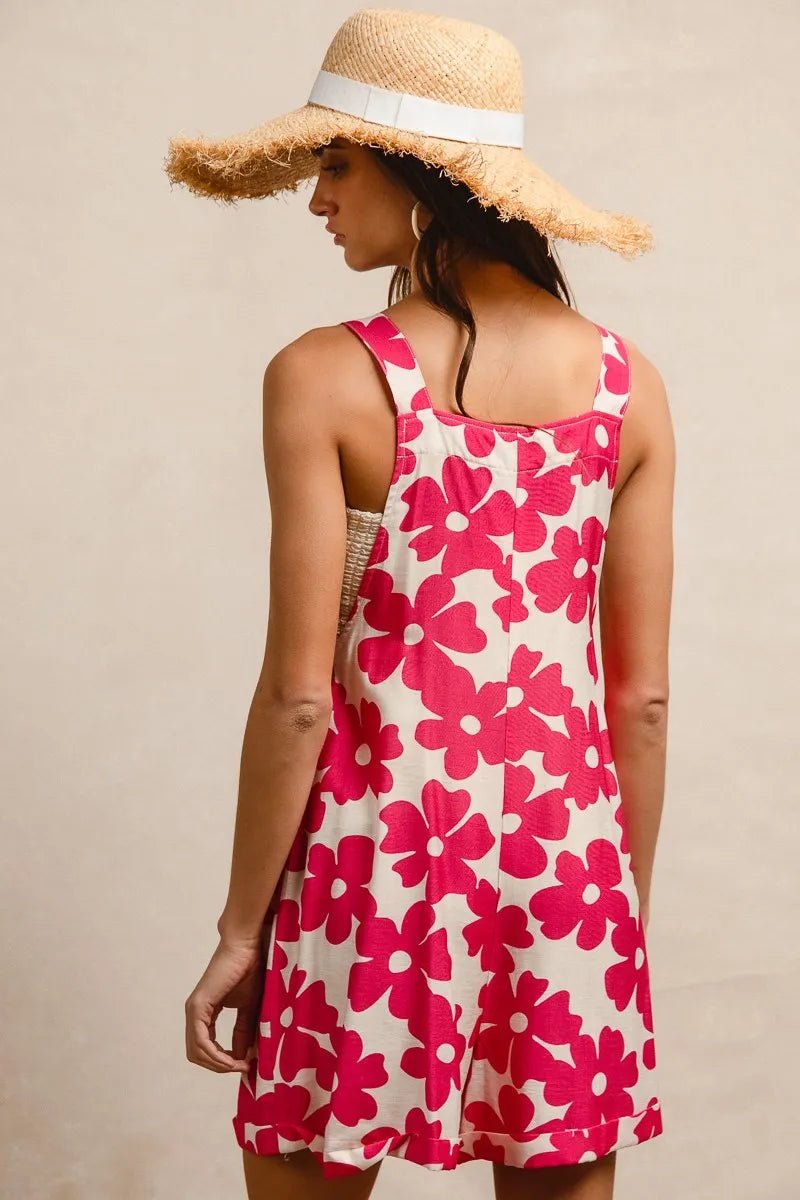BiBi Floral Prints Tuck Detail Short Overall With Pockets - FUCHSIA / S
