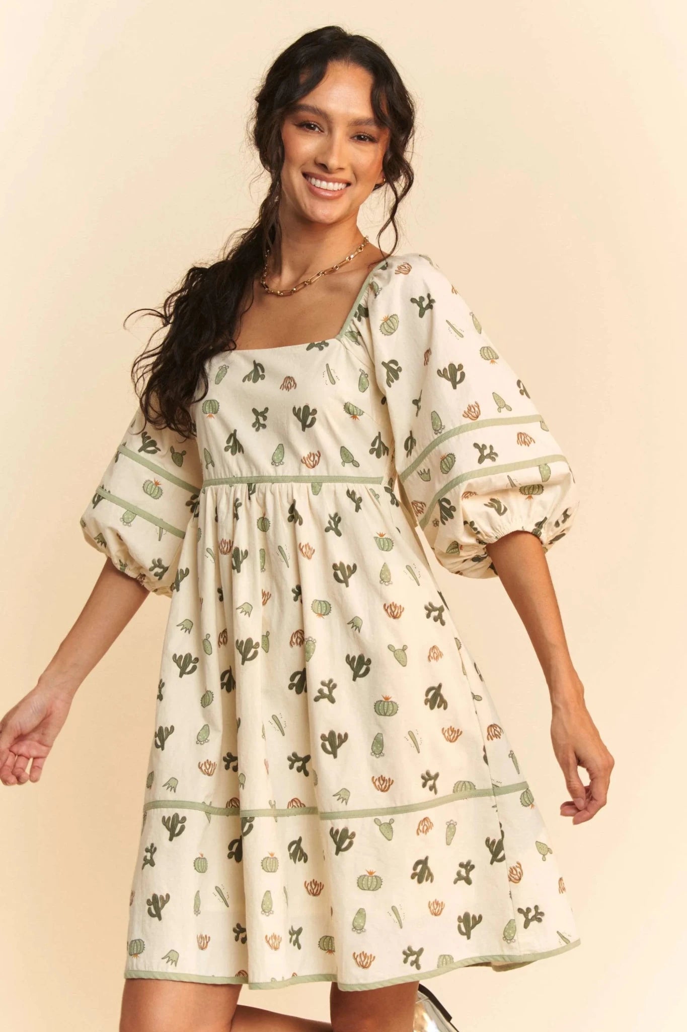 Davi & Dani Cactus Printed Poplin Contrast Piping Mini Dress - CREAM/GREEN / S