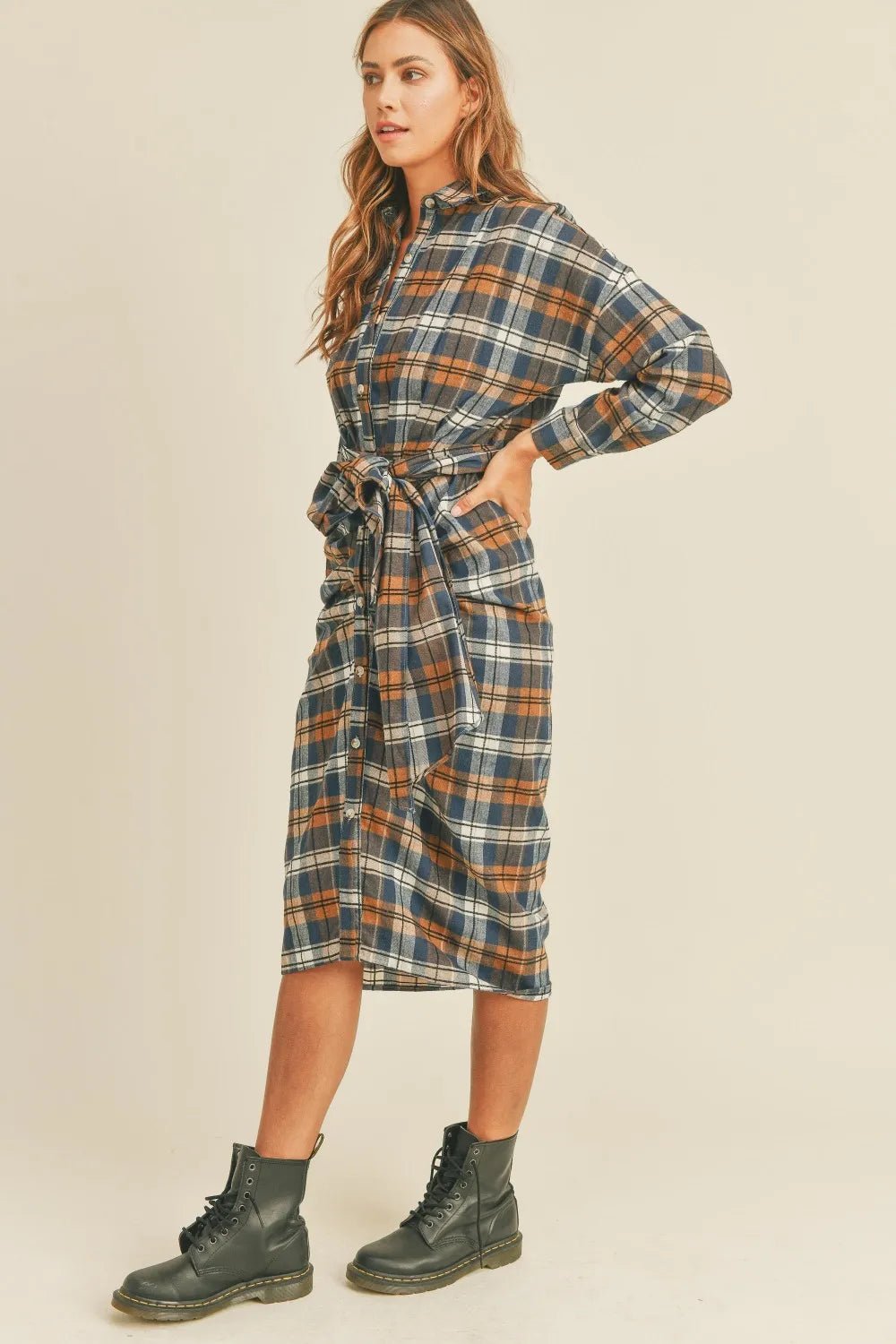 Mable Plaid Flannel Front Tie Button Down Shirt Dress - Camel / S