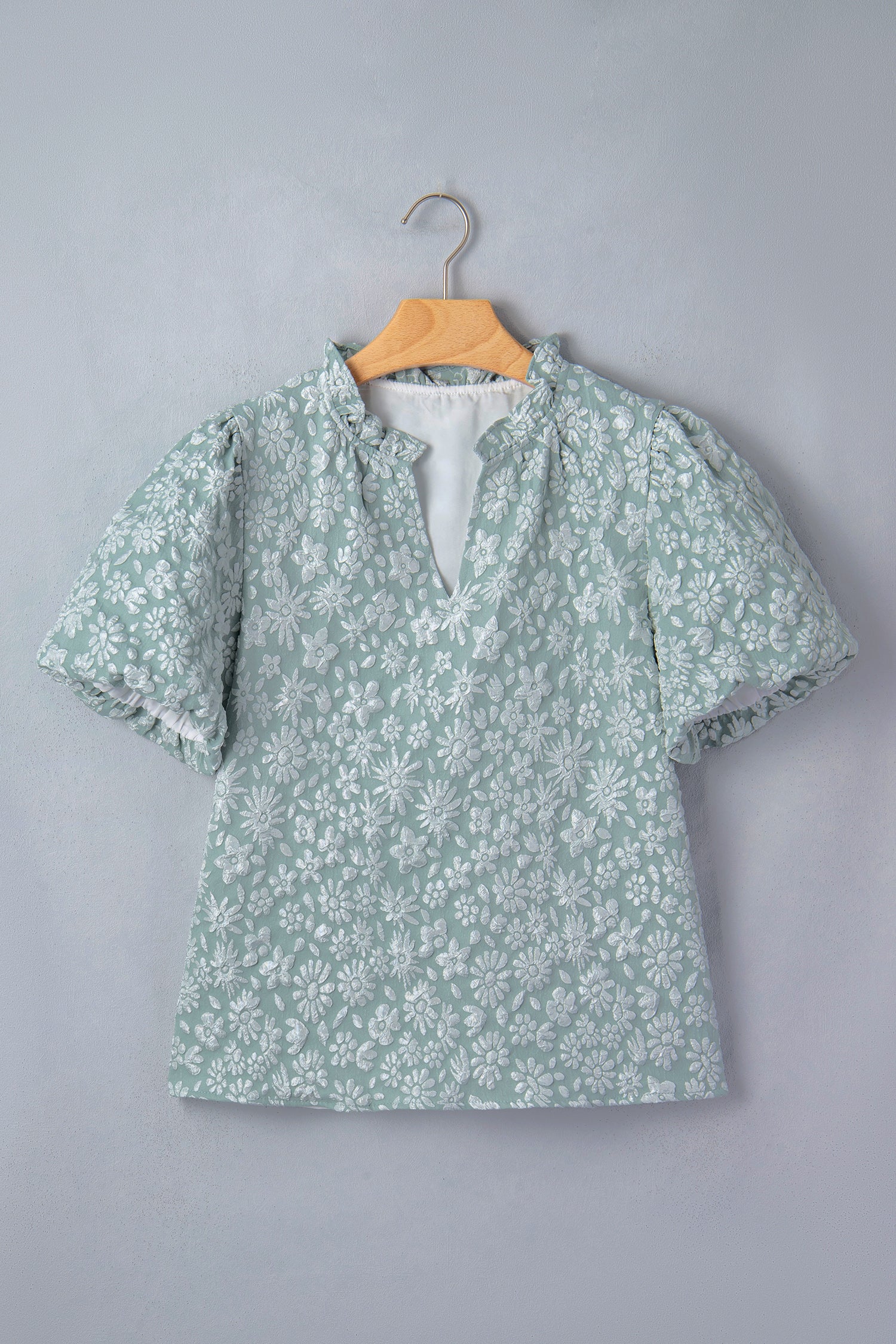 Apricot Pink Floral Textured Jacquard Puff Sleeve Blouse