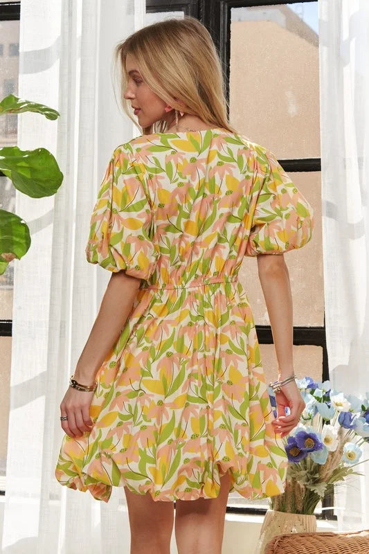 ADORA Puff Sleeve Floral Dress - YELLOW / S