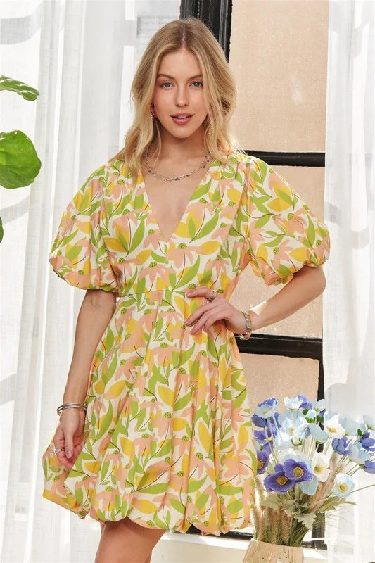 ADORA Puff Sleeve Floral Dress - YELLOW / S