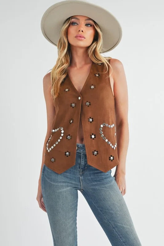 Aemi + Co Heart Rivet Detail Suede Vest Coat - Brown / S