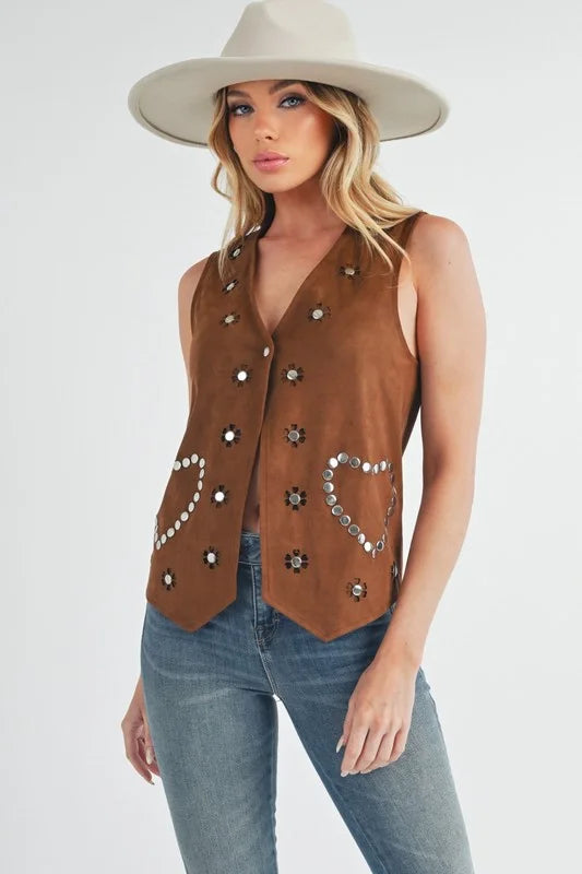 Aemi + Co Heart Rivet Detail Suede Vest Coat - Brown / S