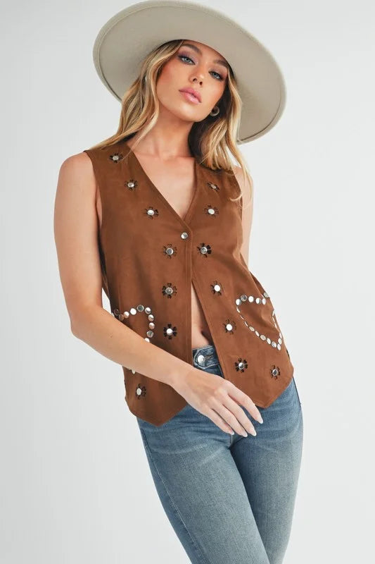 Aemi + Co Heart Rivet Detail Suede Vest Coat - Brown / S