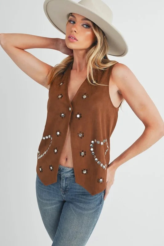 Aemi + Co Heart Rivet Detail Suede Vest Coat - Brown / S