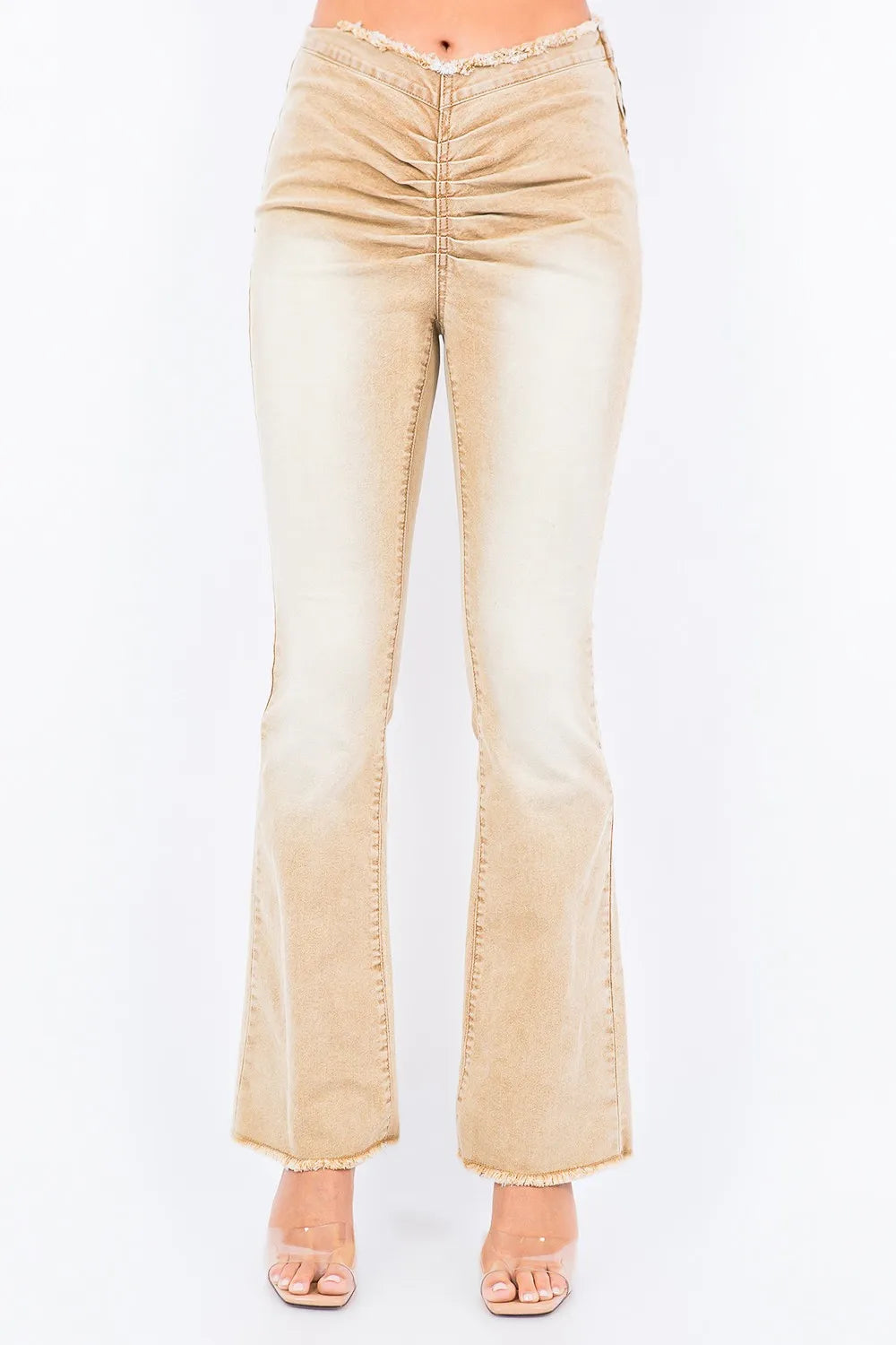 American Bazi V-Cut Ruched Flare Pants - Tan / S