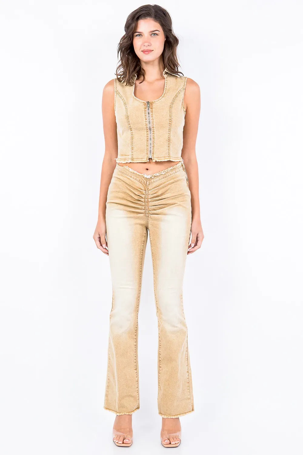 American Bazi V-Cut Ruched Flare Pants - Tan / S