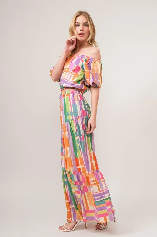 And The Why Asymmetric Geo Printed Tiered Maxi Skirt - MULTI / S