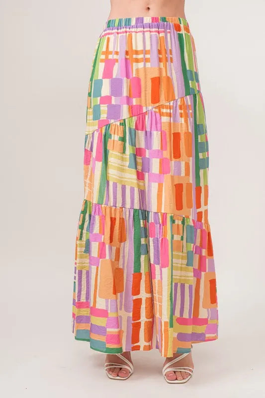 And The Why Asymmetric Geo Printed Tiered Maxi Skirt - MULTI / S
