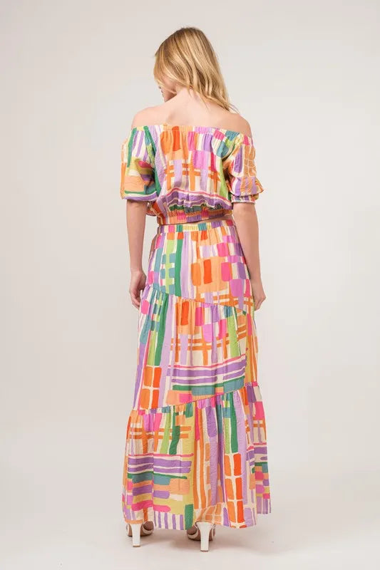 And The Why Asymmetric Geo Printed Tiered Maxi Skirt - MULTI / S