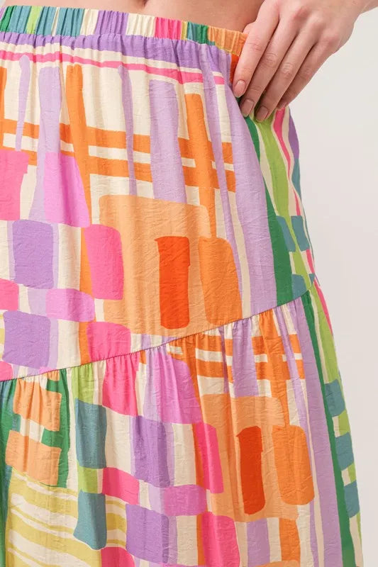 And The Why Asymmetric Geo Printed Tiered Maxi Skirt - MULTI / S