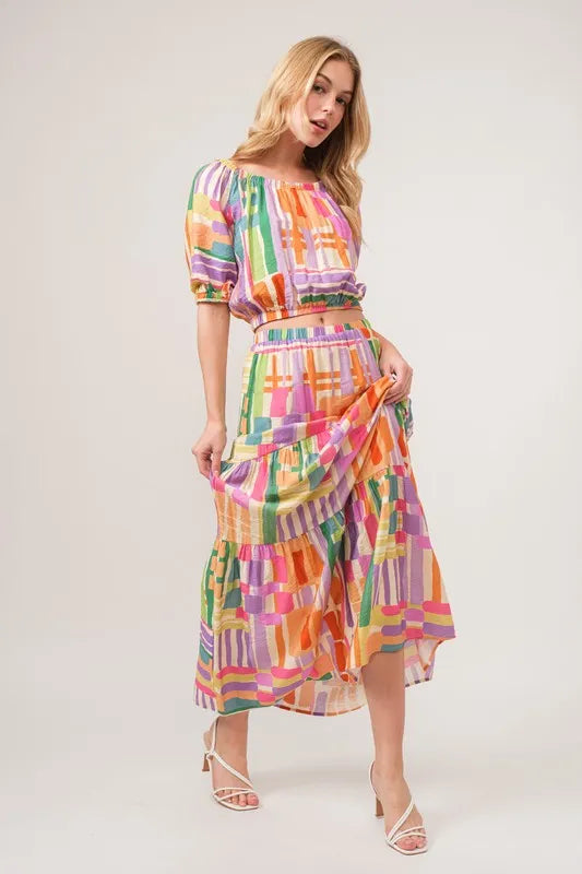 And The Why Asymmetric Geo Printed Tiered Maxi Skirt - MULTI / S