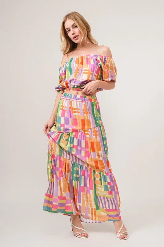 And The Why Asymmetric Geo Printed Tiered Maxi Skirt - MULTI / S