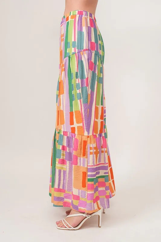 And The Why Asymmetric Geo Printed Tiered Maxi Skirt - MULTI / S