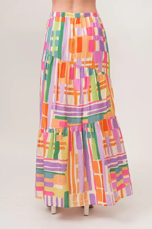 And The Why Asymmetric Geo Printed Tiered Maxi Skirt - MULTI / S