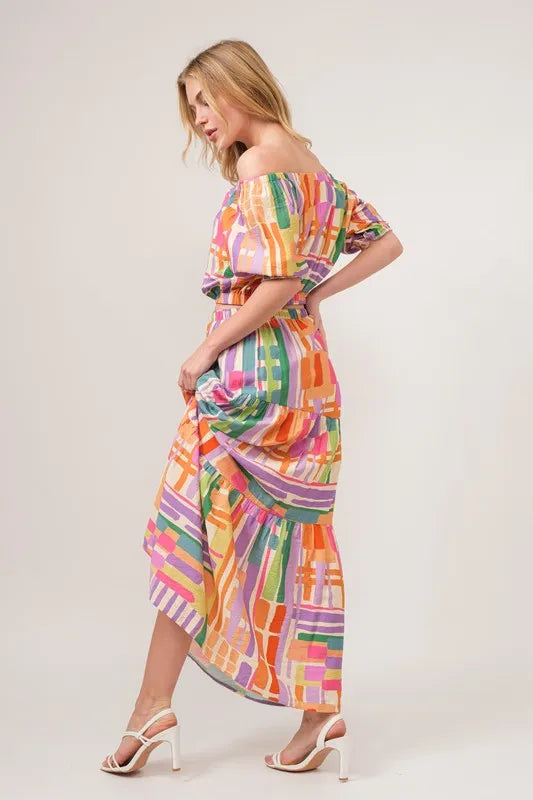 And The Why Asymmetric Geo Printed Tiered Maxi Skirt - MULTI / S