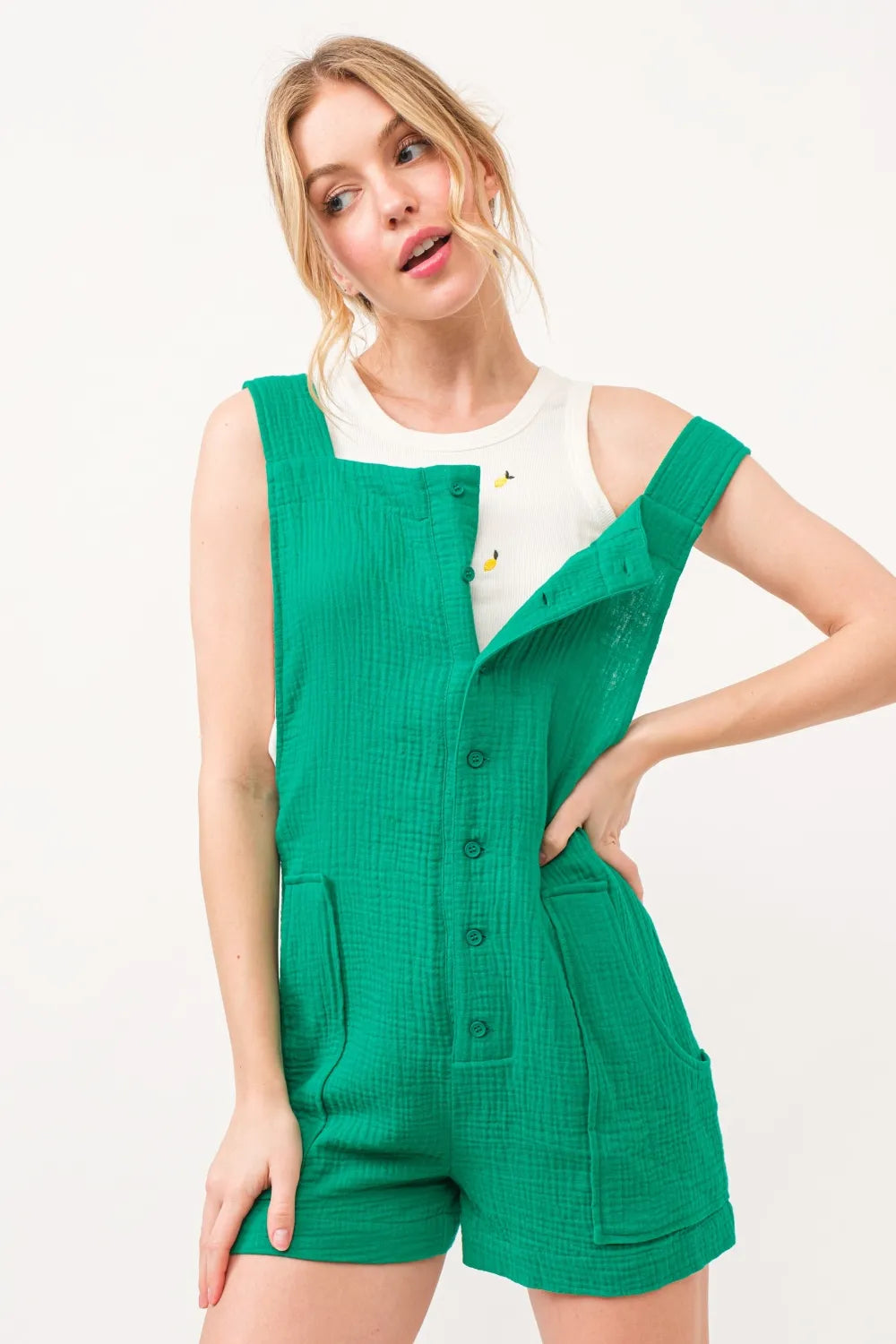 And The Why Button Up Tie Back Sleeveless Romper - Green / S