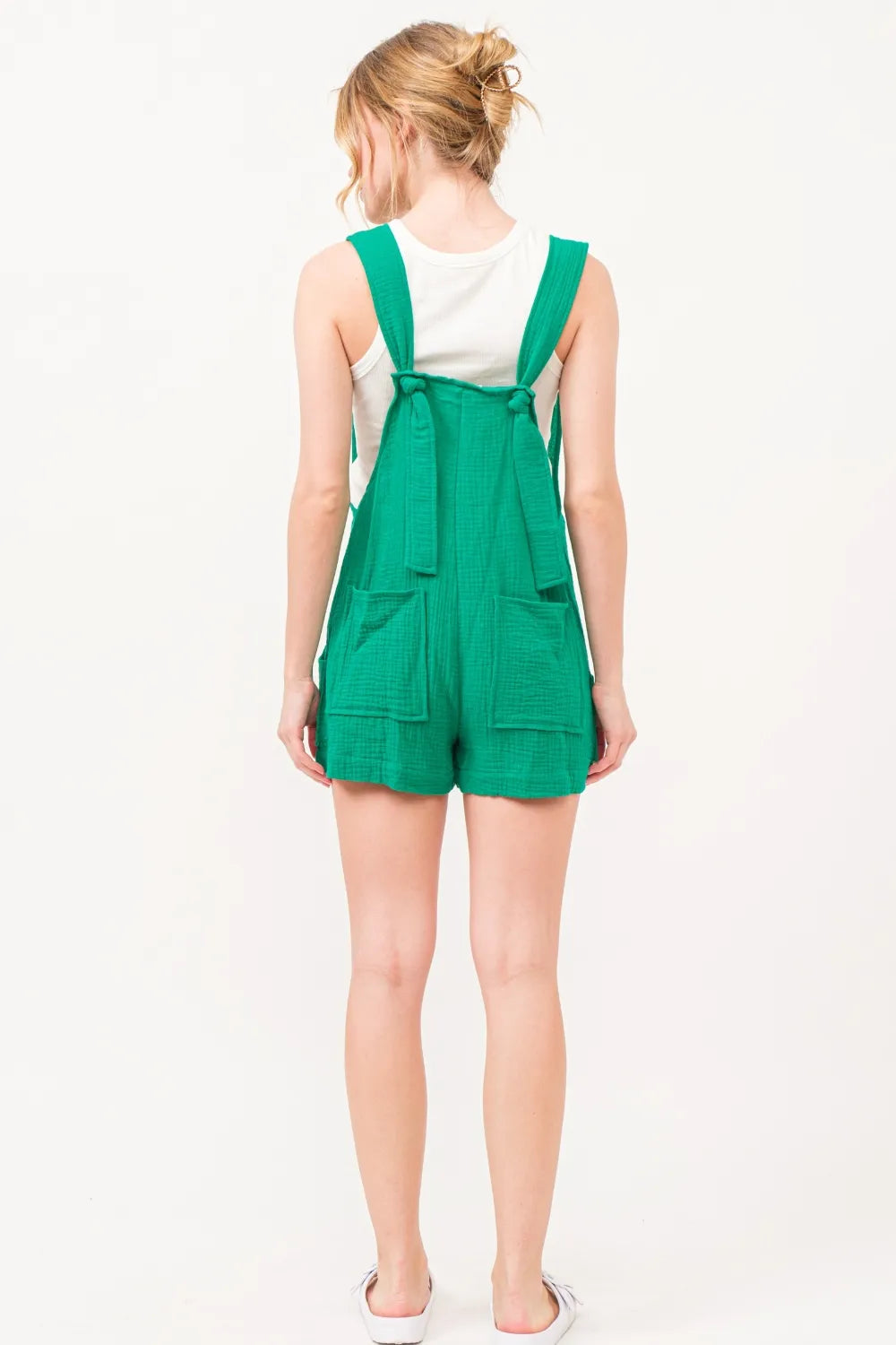 And The Why Button Up Tie Back Sleeveless Romper - Green / S