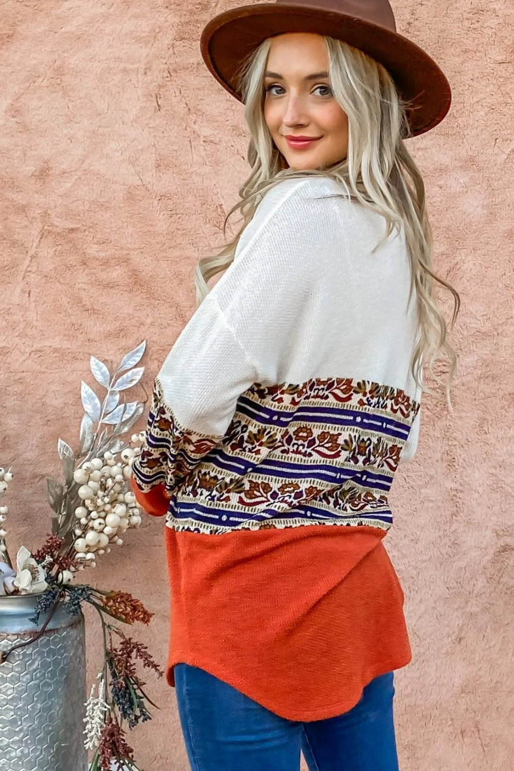 And The Why Ethnic Print Color Block Top - Rust / S