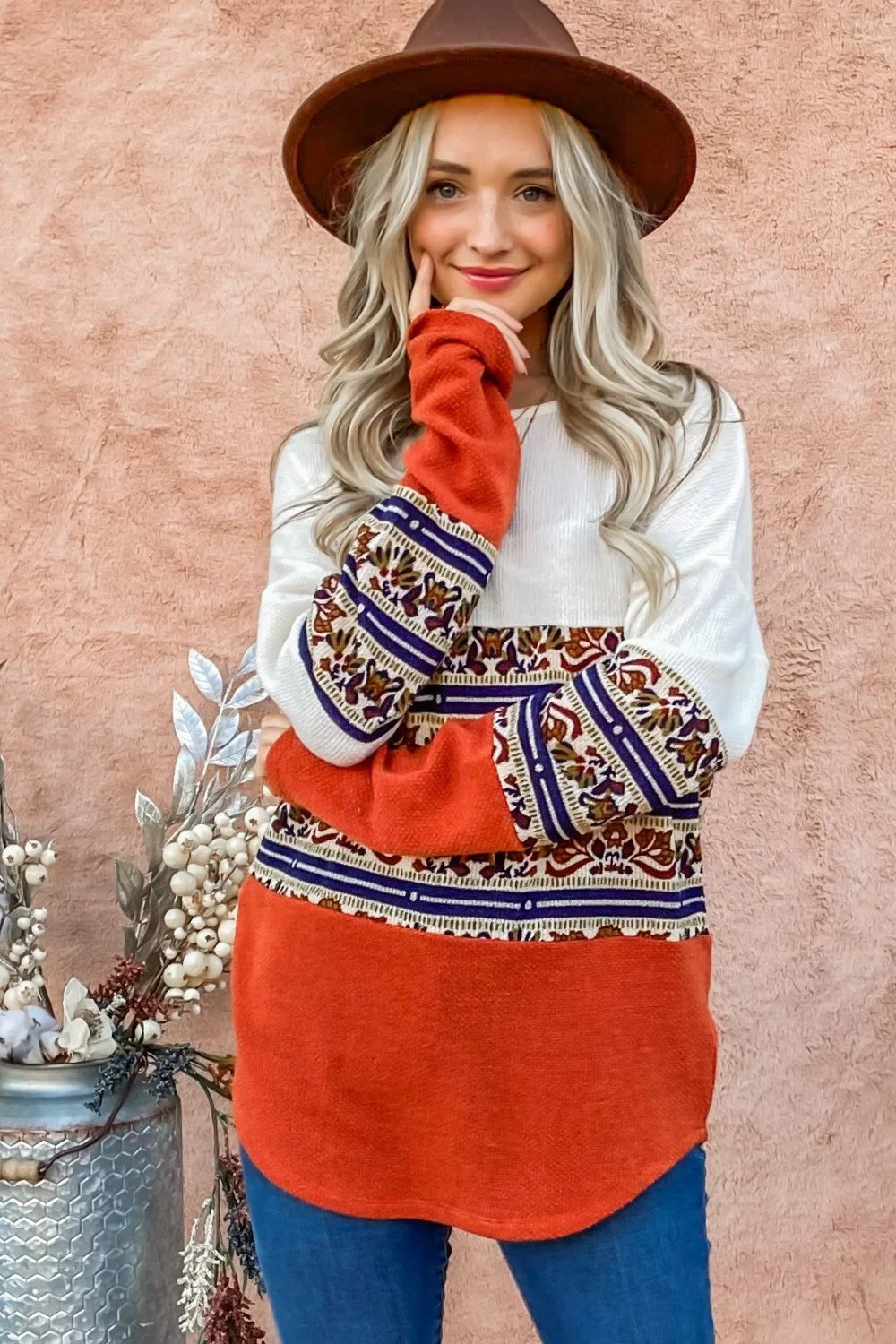 And The Why Ethnic Print Color Block Top - Rust / S